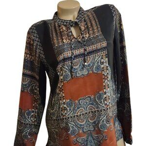 VERY CUTE WOMEN NAVY BROWN RUST BOHO SHIRT SZ L